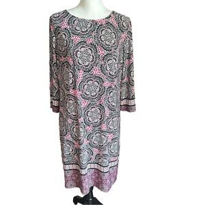 Chico's Dress Size 2 (medium) Floral‎ Pink Black White Print Stretch Jersey Knit